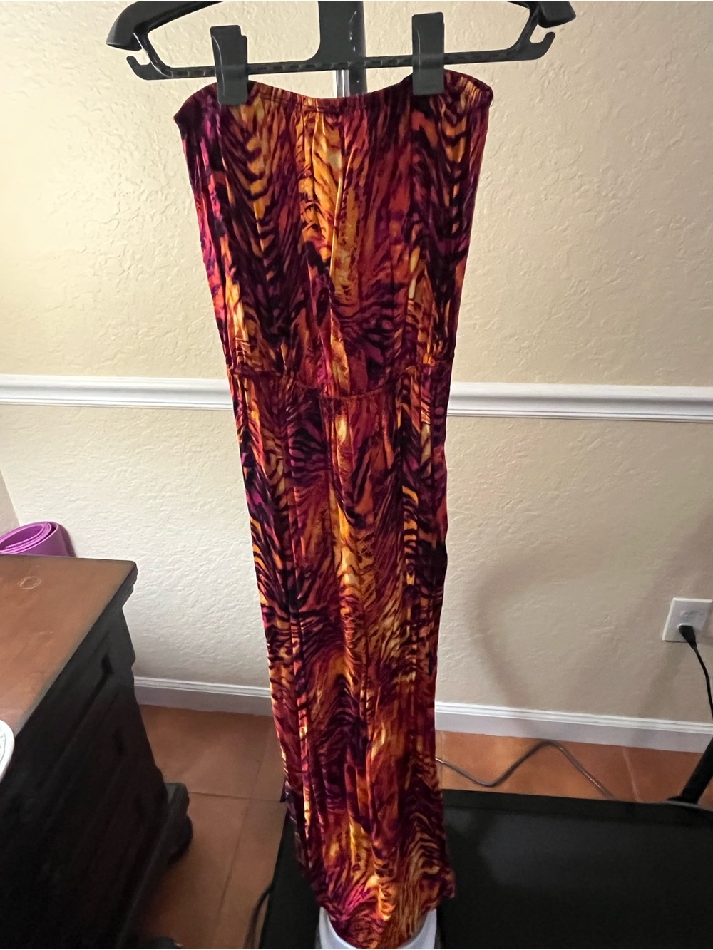 Women's Strapless Maxi Dress— Fucsia and Gold Abstract Print